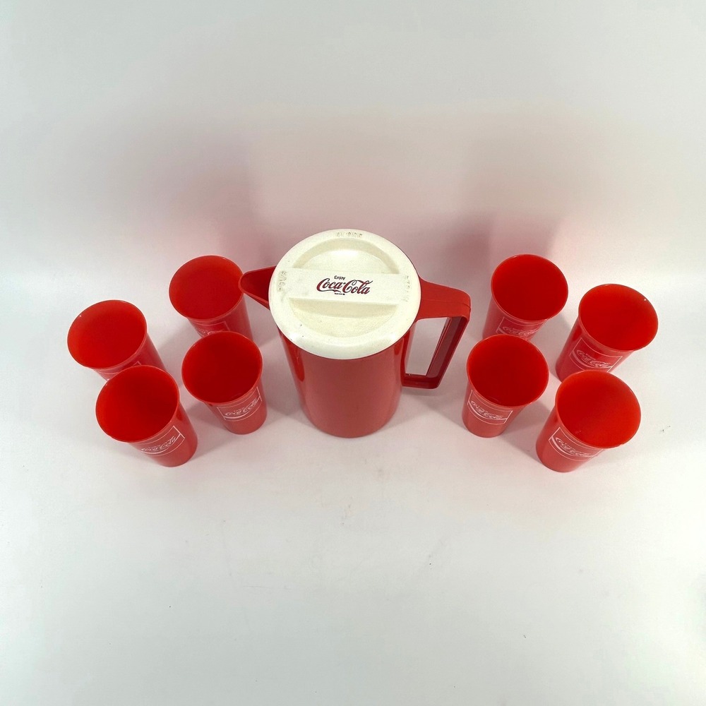 Vintage Coca-Cola Red Plastic Pitcher & 8 Cup Tumbler Set Coke Soda Collectible - Picture 2 of 7